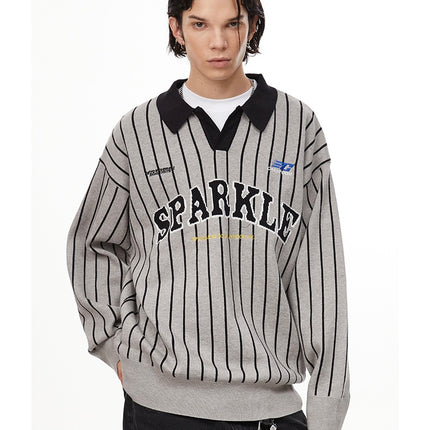 American retro polo collar striped sweater —-7087