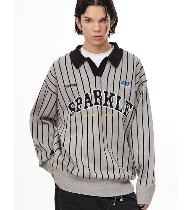 American retro polo collar striped sweater —-7087
