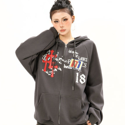 Distressed Letter Print Embroidered Hooded Sweatshirt
