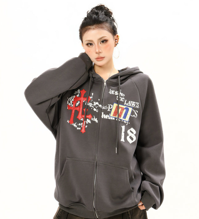 Distressed Letter Print Embroidered Hooded Sweatshirt
