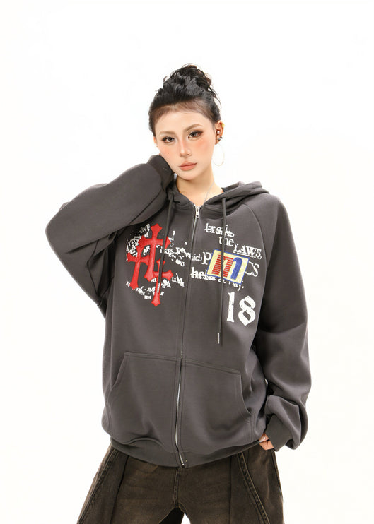 Distressed Letter Print Embroidered Hooded Sweatshirt