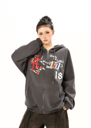 Distressed Letter Print Embroidered Hooded Sweatshirt