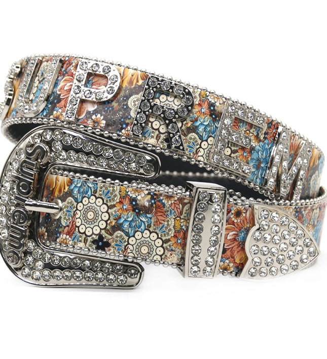 Cross-border trend print rhinestone belt