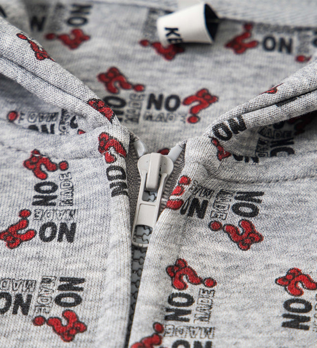 Digital print letter zip  hooded cardigan sweatshirt