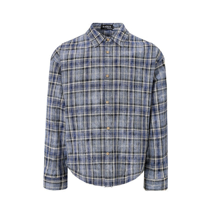 distressed plaid long-sleeved shirt  washed raw lapel shirt