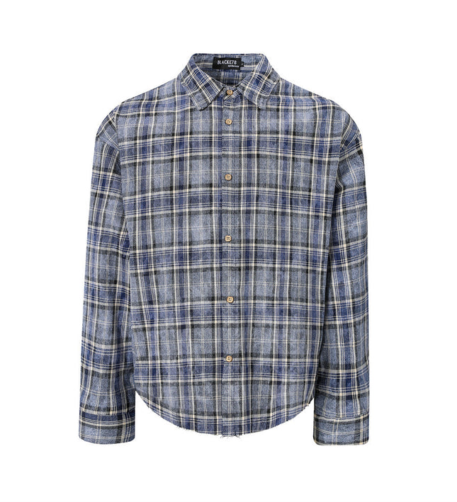 distressed plaid long-sleeved shirt  washed raw lapel shirt