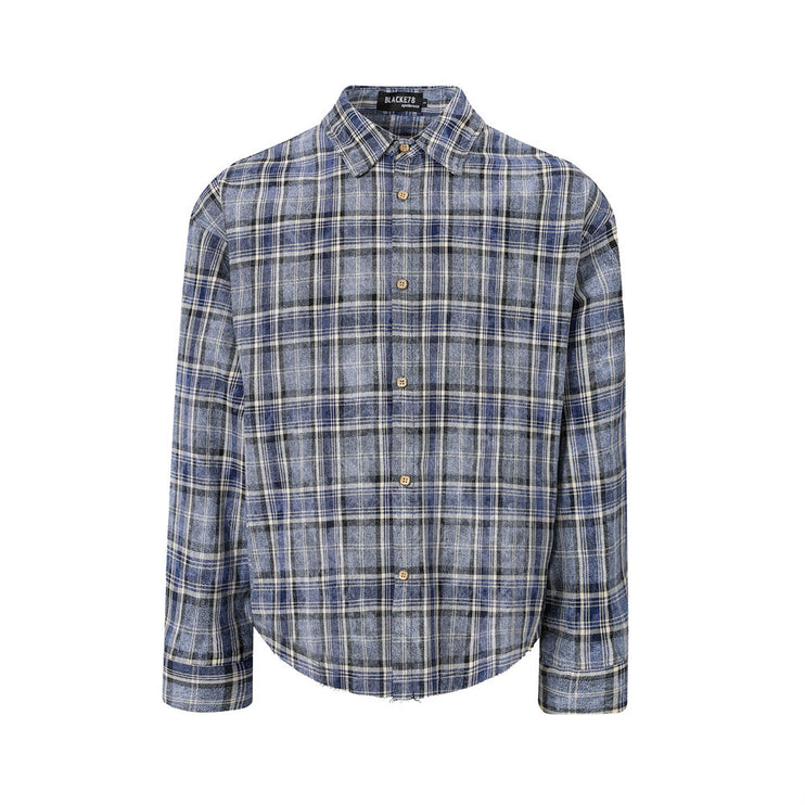 distressed plaid long-sleeved shirt  washed raw lapel shirt