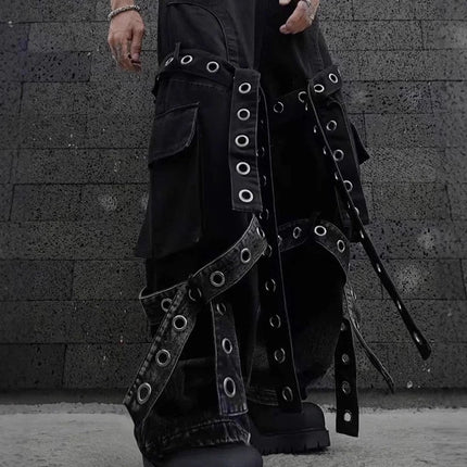 American street retro heavy industry design sense pleated workwear hardware decoration loose drape jeans for men and women