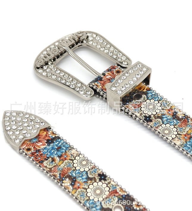 Cross-border trend print rhinestone belt