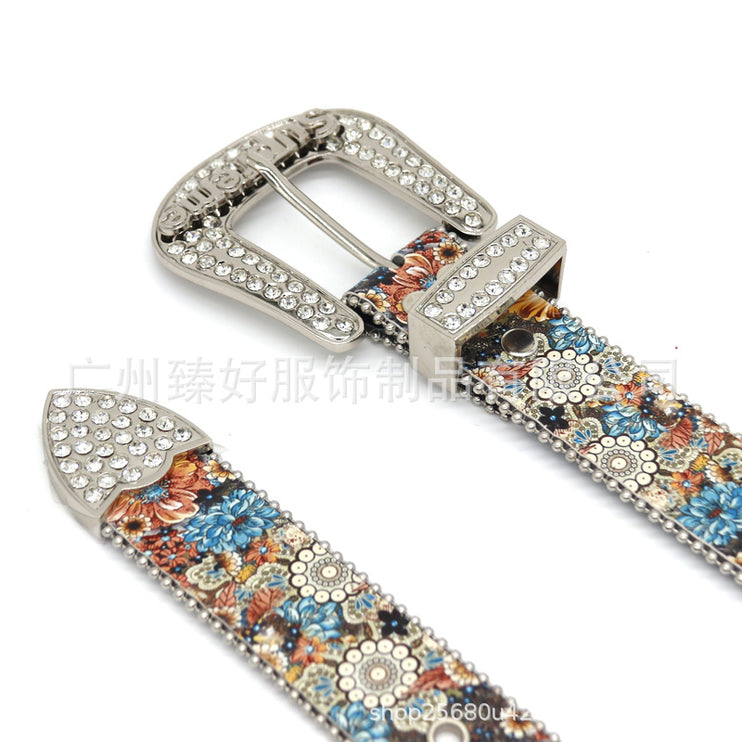 Cross-border trend print rhinestone belt
