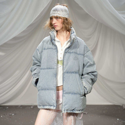 Washed Denim Stand Up Collar White Duck Down Jacket