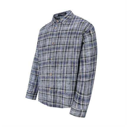 distressed plaid long-sleeved shirt  washed raw lapel shirt
