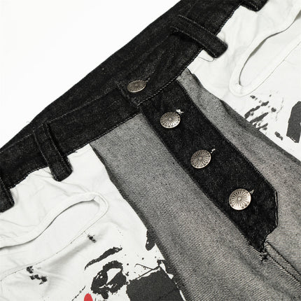reversed, wearing large pocket printed jeans
