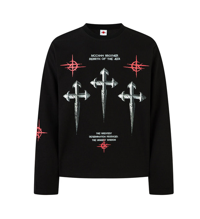 Hip-Hop Dark Cross Graphic Long Sleeve Tee