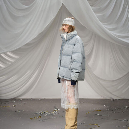 Washed Denim Stand Up Collar White Duck Down Jacket