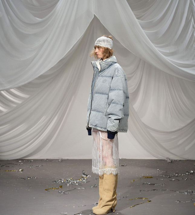 Washed Denim Stand Up Collar White Duck Down Jacket