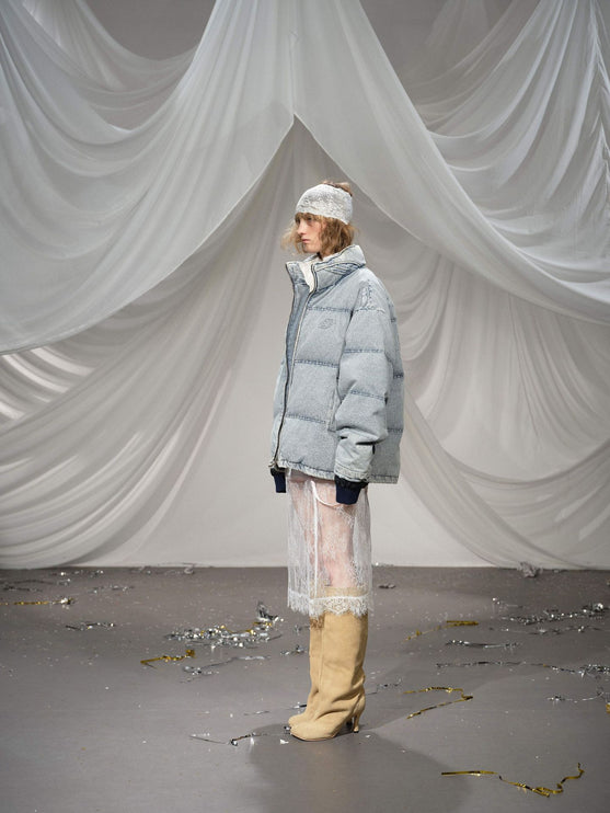 Washed Denim Stand Up Collar White Duck Down Jacket