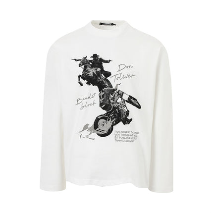 American vintage knight figure print loose long sleeve T-shirt