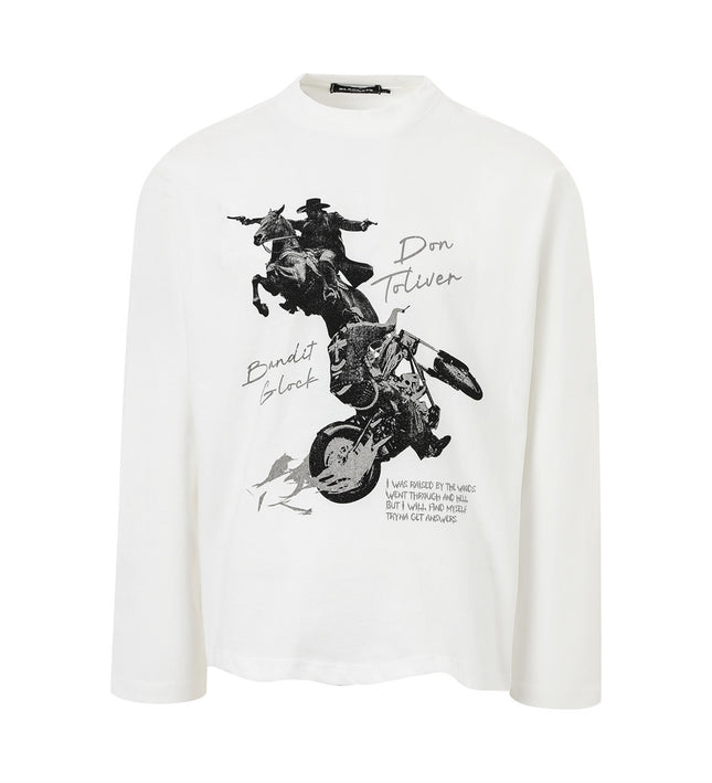American vintage knight figure print loose long sleeve T-shirt