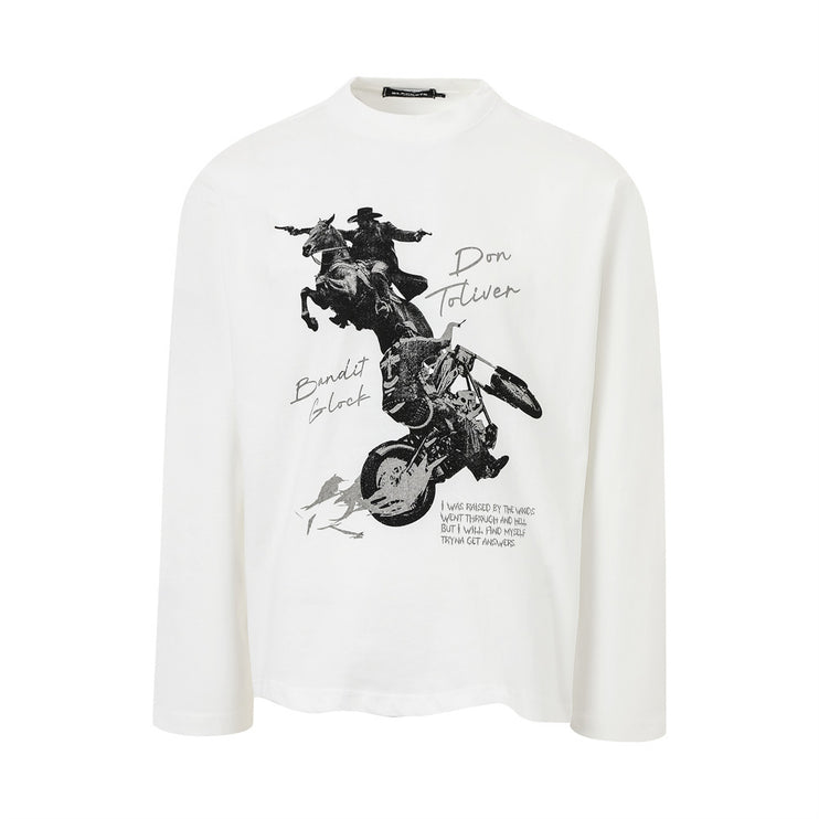 American vintage knight figure print loose long sleeve T-shirt