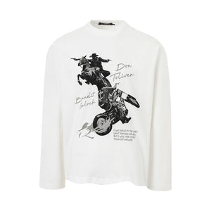American vintage knight figure print loose long sleeve T-shirt