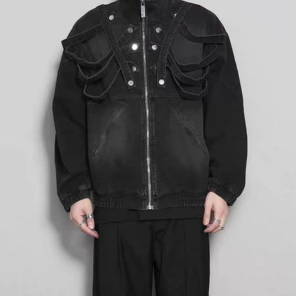 Dark retro washed shoulder pads ripped denim jacket