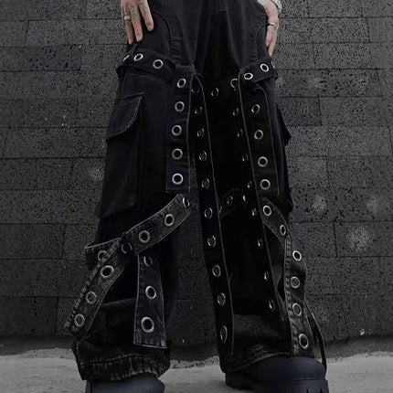 American street retro heavy industry design sense pleated workwear hardware decoration loose drape jeans for men and women