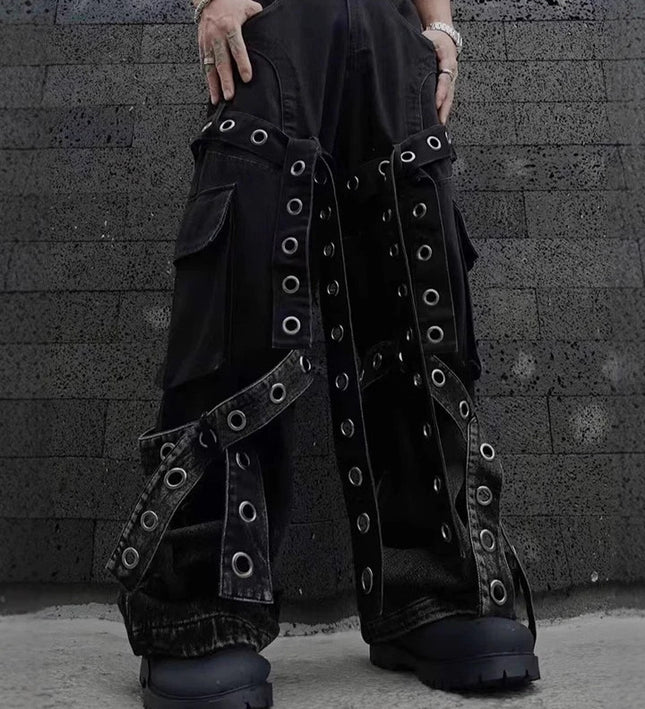 American street retro heavy industry design sense pleated workwear hardware decoration loose drape jeans for men and women