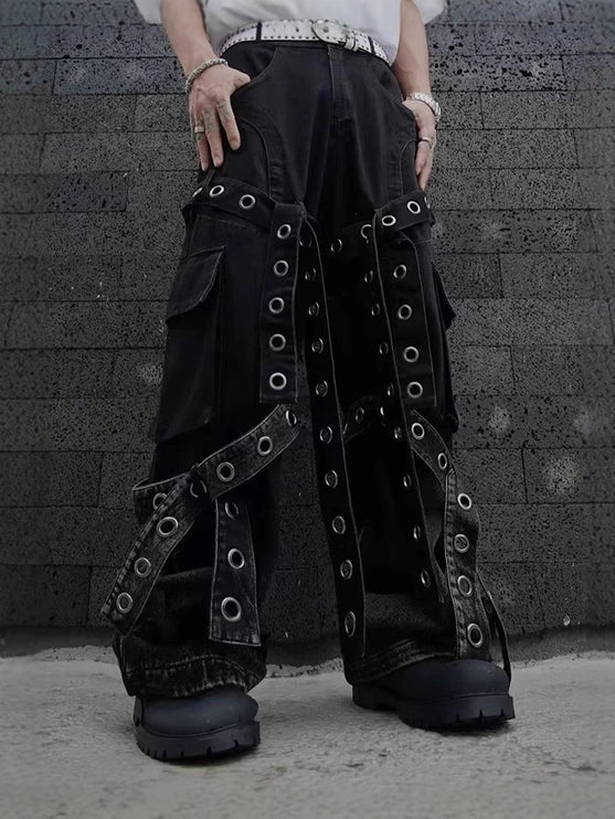 American street retro heavy industry design sense pleated workwear hardware decoration loose drape jeans for men and women