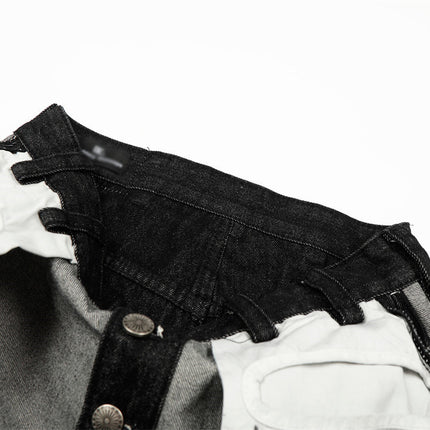 reversed, wearing large pocket printed jeans