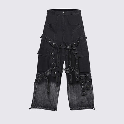 American street retro heavy industry design sense pleated workwear hardware decoration loose drape jeans for men and women