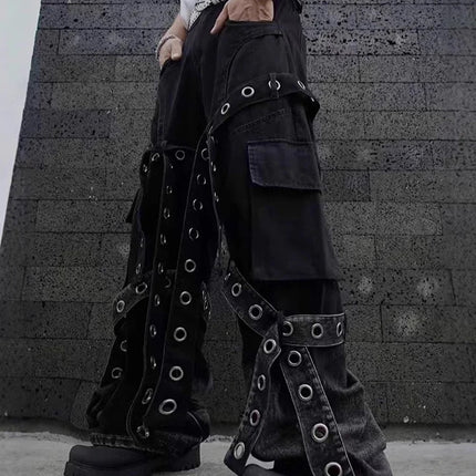 American street retro heavy industry design sense pleated workwear hardware decoration loose drape jeans for men and women
