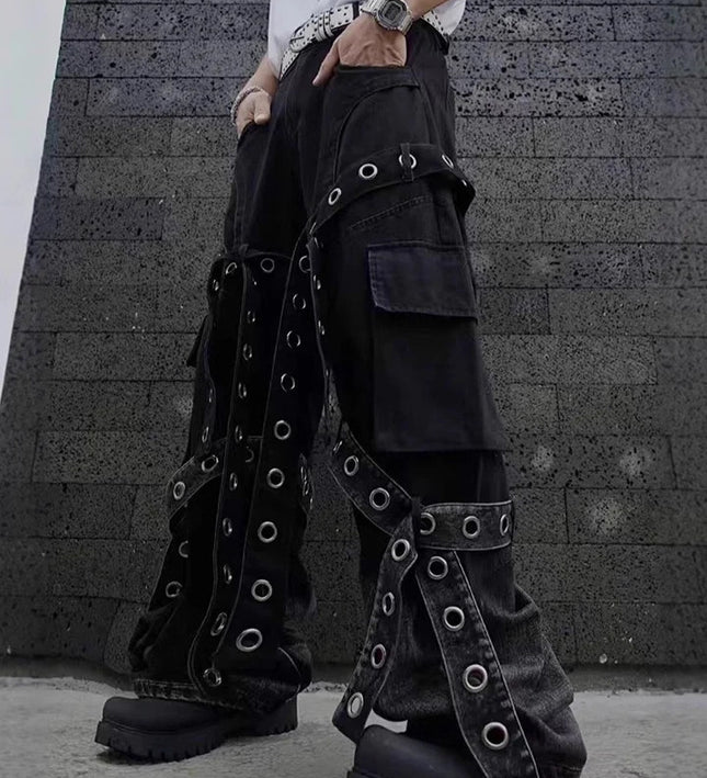 American street retro heavy industry design sense pleated workwear hardware decoration loose drape jeans for men and women
