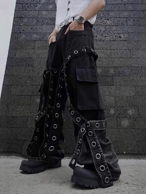 American street retro heavy industry design sense pleated workwear hardware decoration loose drape jeans for men and women
