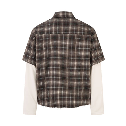 Jiayiku men's clothing 2025 autumn new American street trendy brand fake two pieces of broken ruffian handsome plaid shirt with long sleeves
