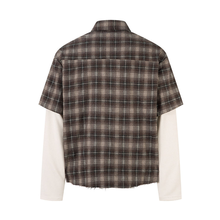 Jiayiku men's clothing 2025 autumn new American street trendy brand fake two pieces of broken ruffian handsome plaid shirt with long sleeves