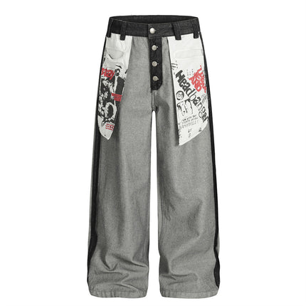 reversed, wearing large pocket printed jeans