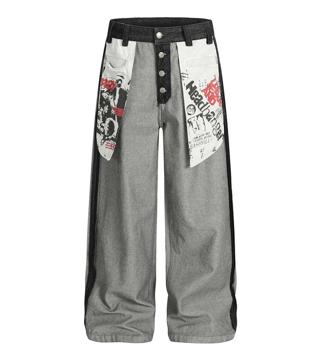 reversed, wearing large pocket printed jeans