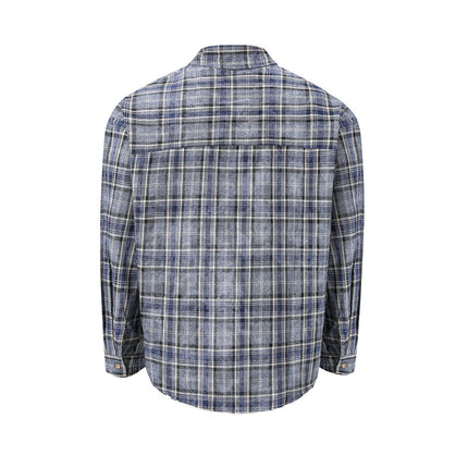 distressed plaid long-sleeved shirt  washed raw lapel shirt