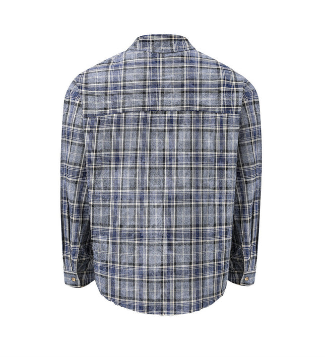 distressed plaid long-sleeved shirt  washed raw lapel shirt