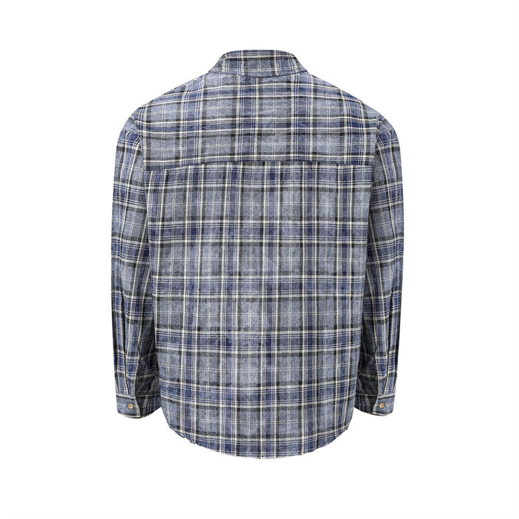 distressed plaid long-sleeved shirt  washed raw lapel shirt