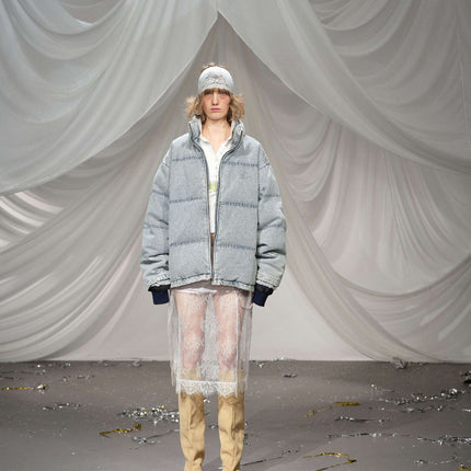 Washed Denim Stand Up Collar White Duck Down Jacket