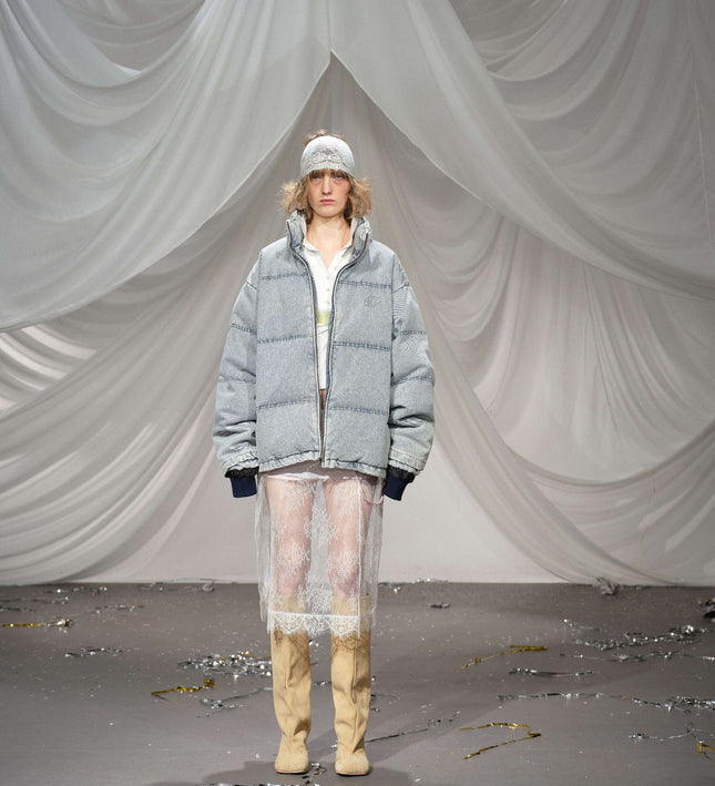 Washed Denim Stand Up Collar White Duck Down Jacket