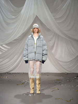 Washed Denim Stand Up Collar White Duck Down Jacket