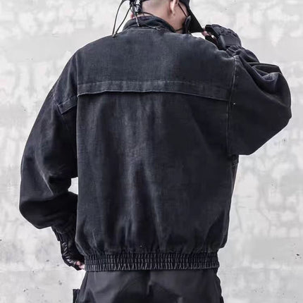Dark retro washed shoulder pads ripped denim jacket