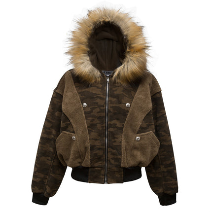 Fur collar camouflage, deconstructed splicing, thickened cargo jacket