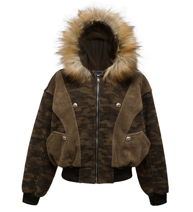 Fur collar camouflage, deconstructed splicing, thickened cargo jacket