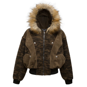 Fur collar camouflage, deconstructed splicing, thickened cargo jacket