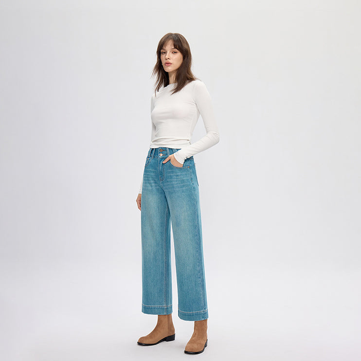 four-sided elastic cropped high waist loose wide-leg