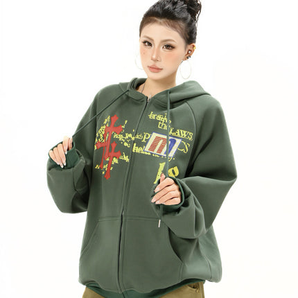 Distressed Letter Print Embroidered Hooded Sweatshirt